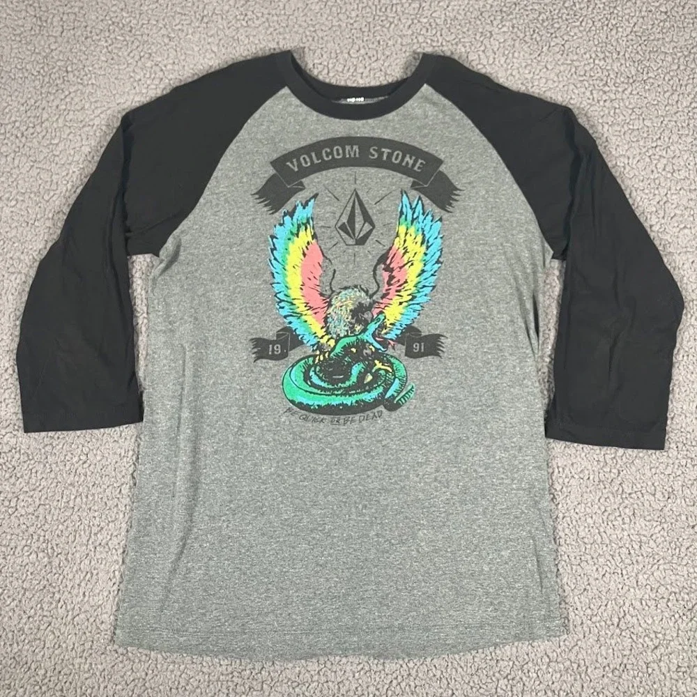 Volcom Stone Mens Gray Black Raglan 3/4 Sleeve Graphic T-Shirt Medium Eagle